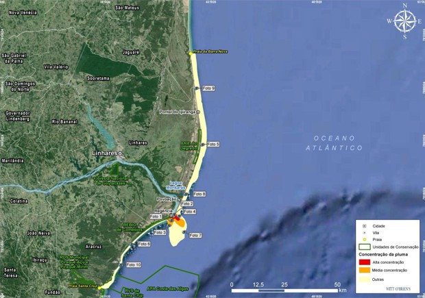 Mapa mostra localizaÃ§Ã£o atualizada da lama de rejeitos da Samarco (Foto: DivulgaÃ§Ã£o/ Iema)