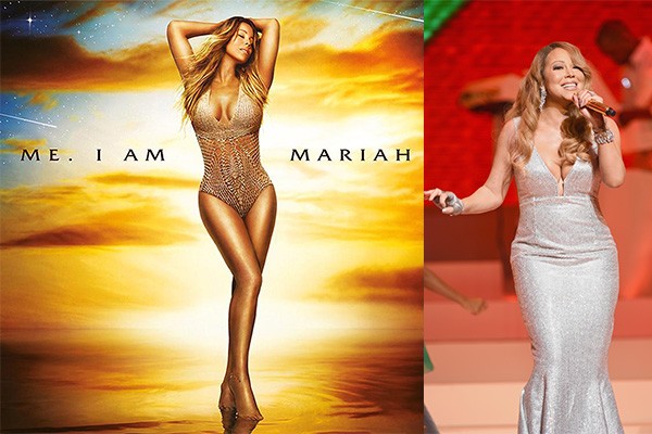 Mariah Carey chamou a atenção ao divulgar a capa de seu álbum em maio do ano passado. Alguns dias depois do anúncio, os fãs puderam ver, em um evento, que a cantora não estava com a cintura tão fina quanto tinha mostrado (Foto: Reprodução e Getty Images)