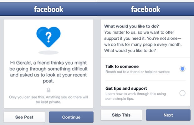 Telas da ferramenta do Facebook para prevenir suicídios. (Foto: Reprodução/Facebook)