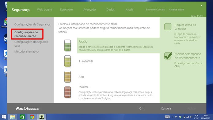 Escolha o grau de segurança do sistema de reconhecimento para determinar as exigências de senha (Foto: Daniel Ribeiro / TechTudo)