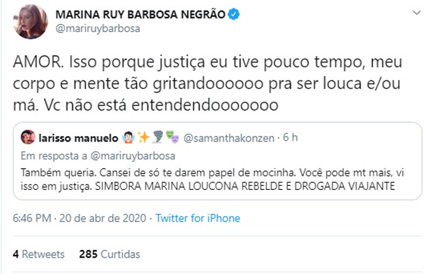 Marina Ruy Barbosa fala de vontade de interpretar vilã (Foto: Reprodução/Twitter) Marina Ruy Barbosa fala de vontade de interpretar vilã (Foto: Reprodução/Twitter)