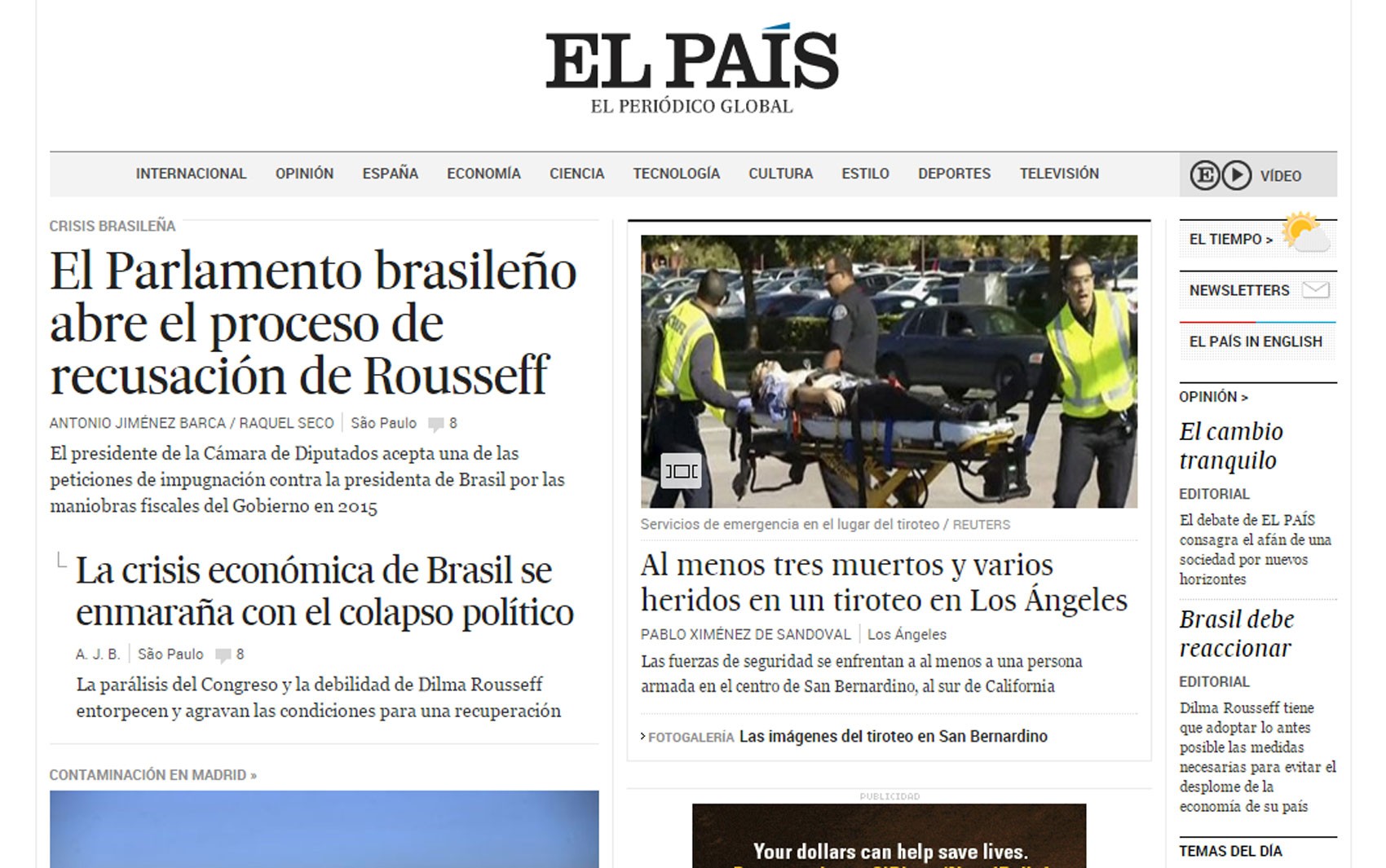 Página principal do 'El País' destaca processo de impeachment contra Dilma (Foto: Reprodução/El País)
