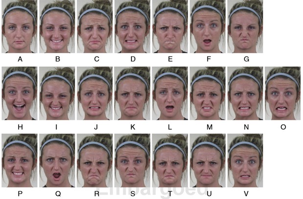 Fotos mostram voluntária fazendo expressões faciais que representam as diferentes emoções (Foto: Ohio State University/Divulgação)
