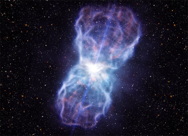 Concepção artística mostra o jato de matéria em torno do buraco negro de elevada massa no quasar (Foto: Divulgação/ESO/L. Calçada)