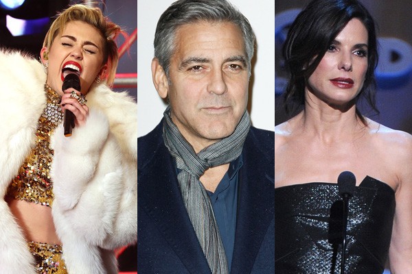 Miley Cyrus, George Clooney e Sandra Bullock (Foto: Getty Images)