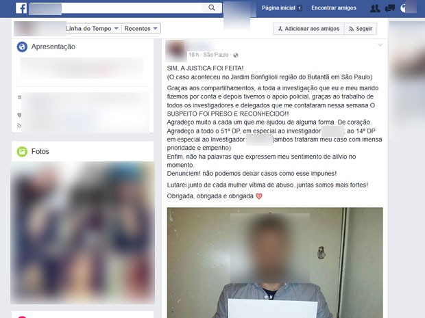 Vítima chegou a publicar a foto do suspeito de tê-la estuprado em sua página pessoal na web, mas depois retirou a postagem publica (Foto: Reprodução / Facebook)