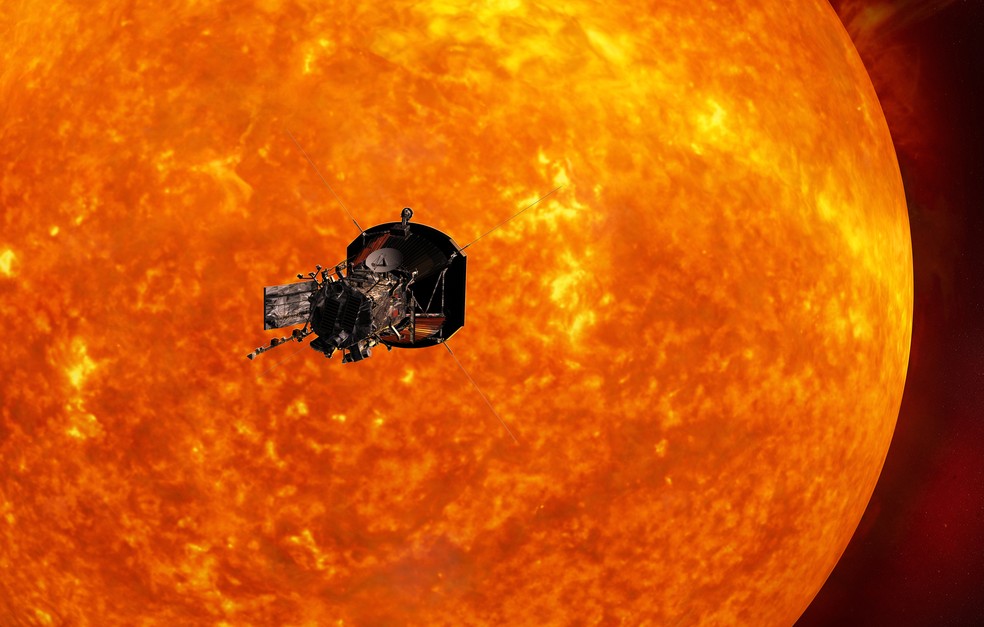 Concepção artística da sonda Solar Probe Plus se aproximando do Sol (Foto: Johns Hopkins University Applied Physics Laboratory)