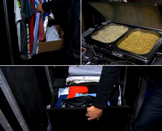 Camisas penduradas, gaveta, comida... O camarim dele tem tudo! (Foto: Reprodução / TV Globo)