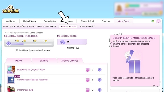 A opção Ganhe Starcoins lista uma série de tarefas para ganhar moedas (Foto: Reprodução)