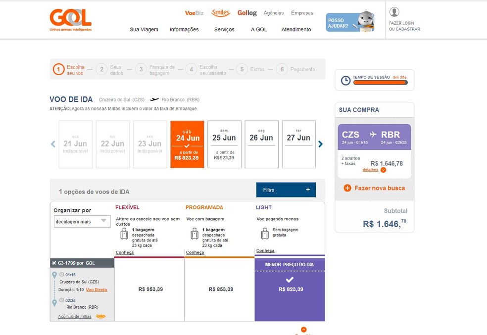 Duas passagens de volta no dia 24, compradas um dia antes saem por mais de R$ 1,6 mil  (Foto: Reprodução/Gol)