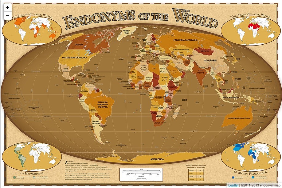 Mapa 'Endônimos do Mundo' mostra o nome de cada país grafado na língua local (Foto: Reprodução)