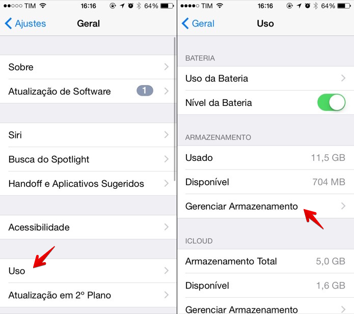 Gerenciando armazenamento do iOS (Foto: Reprodução/Helito Bijora) 