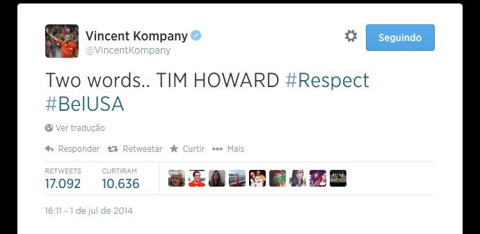 Kompany celebra classificação, mas demonstra respeito por Howard (Foto: Reprodução/Twitter)