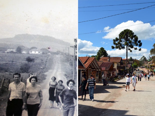 Avenida principal da cidade na década de 1950 (à esquerda) e nos dias de hoje (à direita) (Foto: Tiago Campos / G1)