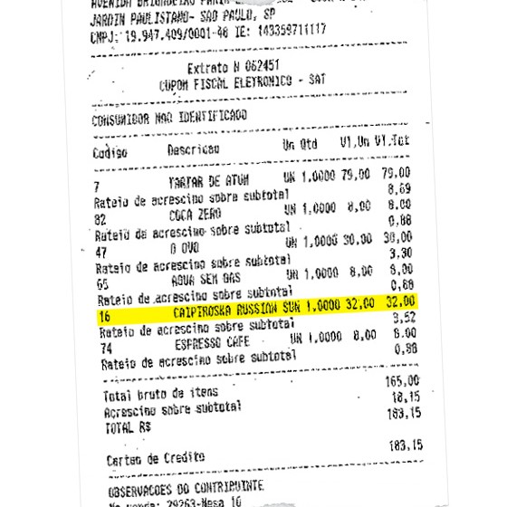 Nota fiscal de caipirinha comprada pelo deputado Arthur Maia. Gasto foi reembolsado pela Câmara. (Foto: Reprodução )