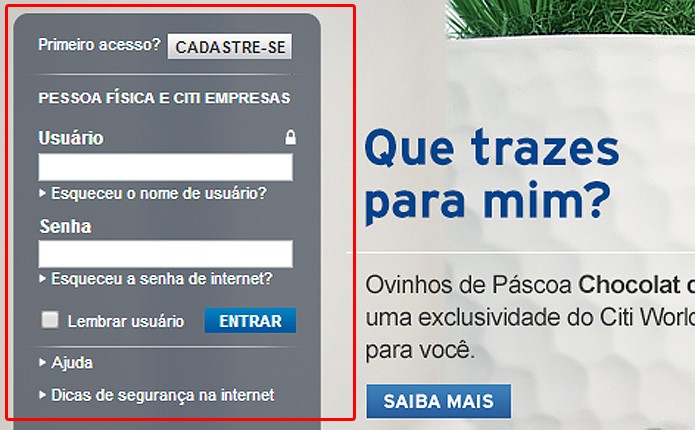 No Citi o usuário precisa fornecer seu nome de usuário e senha de Internet para o primeiro acesso ao serviço online (Foto: Reprodução/Karla Soares)
