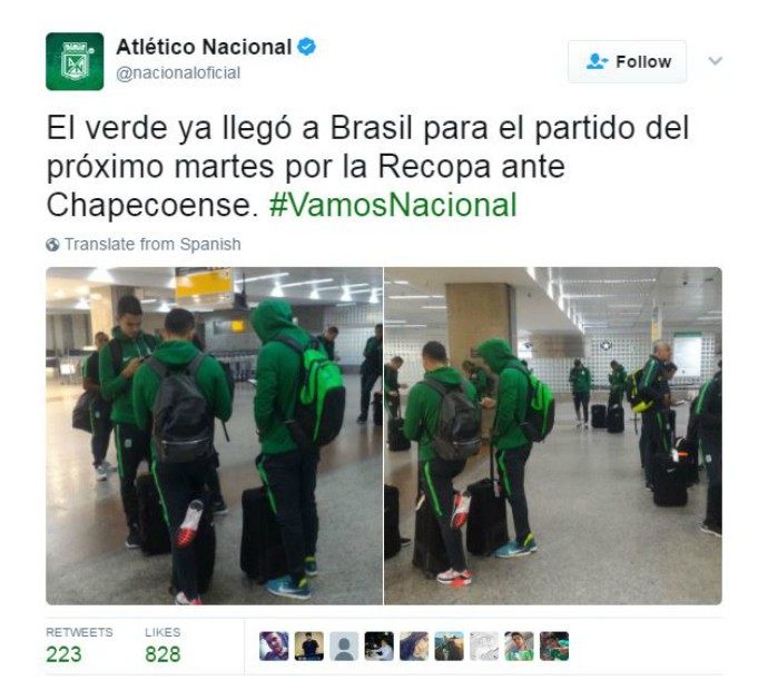 Tweet Atlético Nacional recopa aeroporto (Foto: Reprodução Twitter) Tweet Atlético Nacional recopa aeroporto (Foto: Reprodução Twitter)