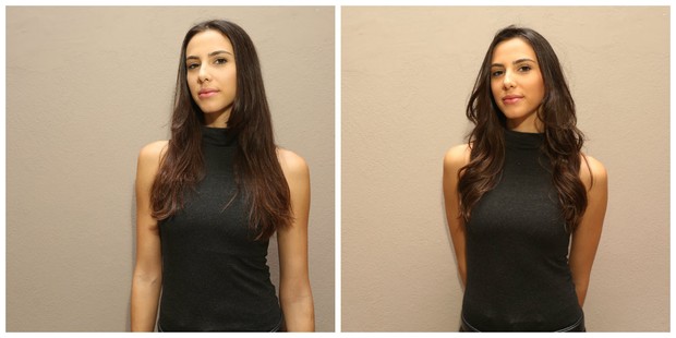 A modelo Aimee Maia (Mega Model) antes e depois de usar produtos low poo (Foto: Iwi Onodera/EGO)