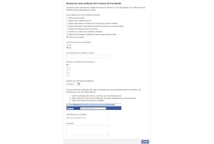 Questionário do Facebook pede detalhes da denúncia na rede social (Foto: Reprodução/Lívia Dâmaso)
