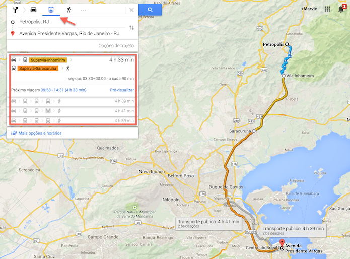 Rota do Google Maps feita através de trânsporte público (Foto: Reprodução/Marvin Costa)
