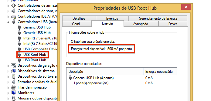 Verificando quantidade de energia disponível na porta USB (Foto: Reprodução/Helito Bijora)