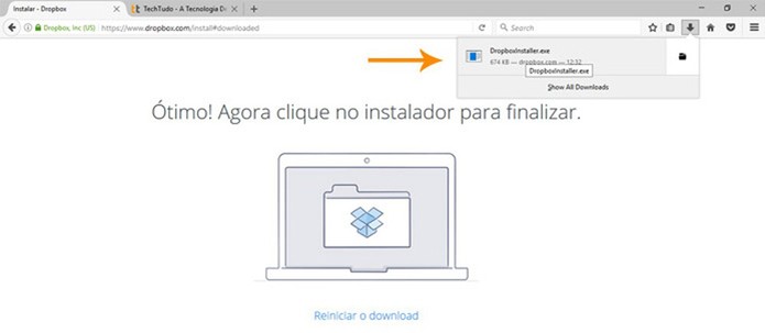 Clique no instalador do Dropbox para executá-lo (Foto: Reprodução/Pedro Cardoso) Clique no instalador do Dropbox para executá-lo (Foto: Reprodução/Pedro Cardoso)