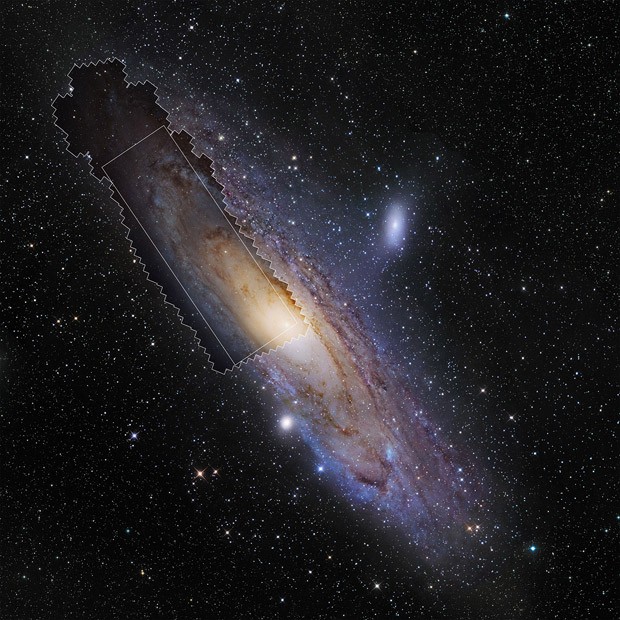 Imagem mostra Galxia de Andrmeda, com destaque para a regio retratada em alta resoluo pelo Hubble (Foto: NASA, ESA, J. Dalcanton (University of Washington, USA), B. F. Williams (University of Washington, USA), L. C. Johnson (University of Washington, USA), the PHAT team, and R. Gendler)