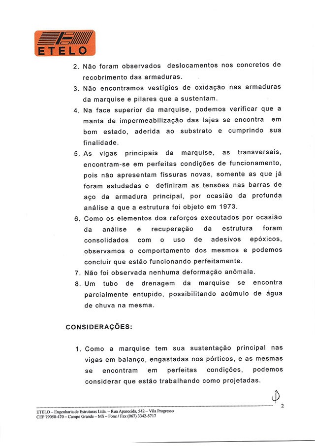 Página 2 do parecer técnico de Carlos Portugal sobre a marquise do Morenão (Foto: Reprodução/FFMS) Página 2 do parecer técnico de Carlos Portugal sobre a marquise do Morenão (Foto: Reprodução/FFMS)