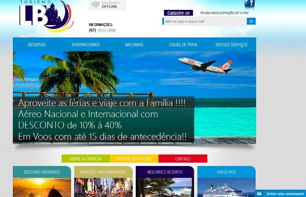 Site da LB Turismo continua no ar e oferecendo pacotes de turismo em Goiânia, Goiás (Foto: Reprodução)