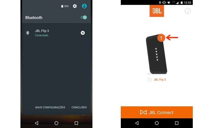 Indicação de firmware desatualizado da caixa de som JBL (Foto: Reprodução/Raquel Freire)