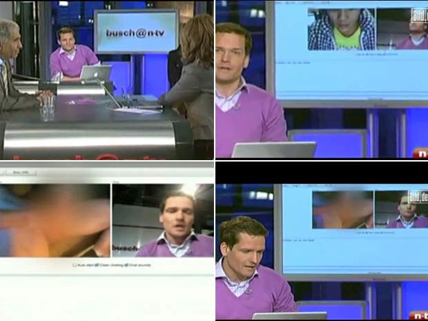 Em 2010, uma cena curiosa aconteceu durante a transmissão de um programa da emissora alemã 'N-TV'. Durante um vídeo-chat ao vivo, a imagem de um jovem se masturbando acabou indo ao ar. Em seguida, a cena foi cortada, mas os apresentadores pareciam visivelmente constrangidos com o incidente (Foto: Reprodução)