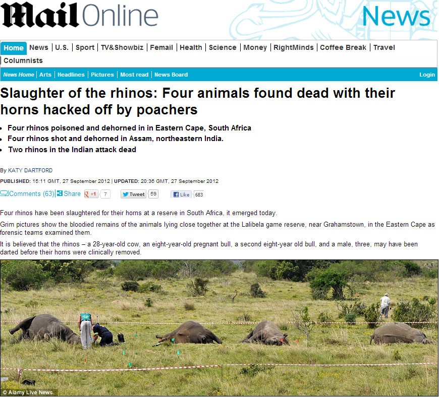 Quatro rinocerontes foram encontrados mortos nesta sexta-feira (28) em uma reserva da África do Sul. (Foto: Reprodução/Daily Mail)