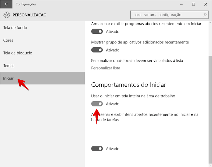 Ativando o menu Iniciar em tela cheia (Foto: Reprodução/Helito Bijora)