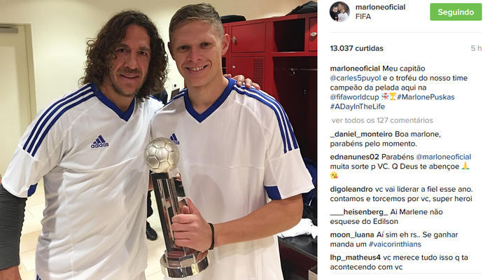 Na Suíça, Marlone tieta Puyol e derrota Maradona na pelada da Fifa