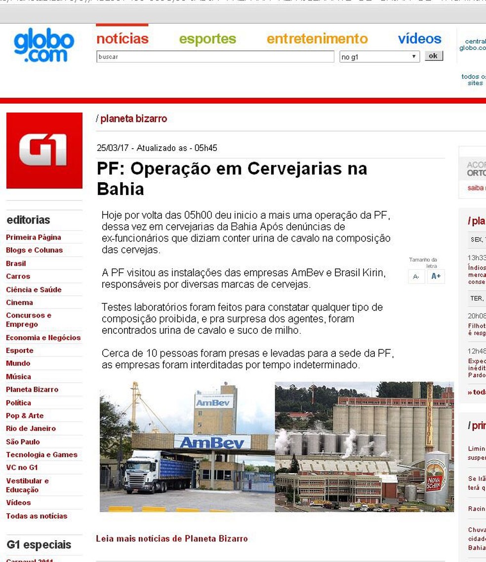 Falsa notícia diz que operação da PF foi feita em cervejarias (Foto: Reprodução)