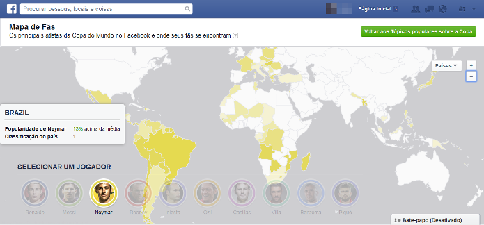 Mapa interativo mostra a popularidade dos principais jogadores do mundial em cada região do mundo (Foto: Reprodução/Lívia Dâmaso)