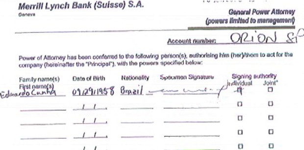 Assinatura de Eduardo Cunha em conta na Suíça da Orion SP (Foto: Reprodução)