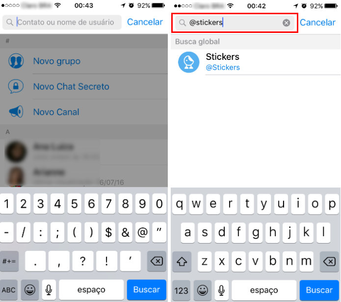 Procure pelo bot "@Stickers" na barra de busca de usuários do Telegram (Foto: Reprodução/Daniel Ribeiro)