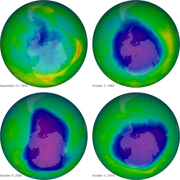 Imagens de satélite mostram o buraco na camada de ozônio na Antártica em diferentes anos (Foto: Nasa/AP)