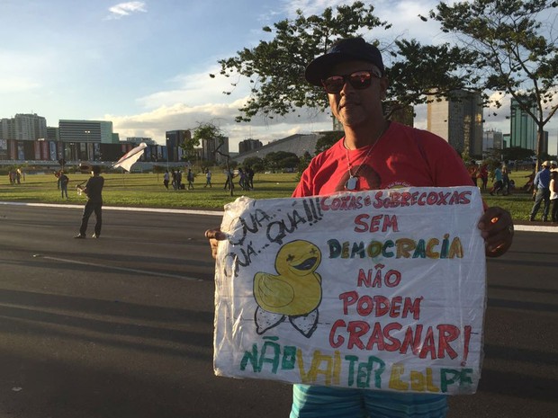O estudante paulistano Luca Golia, 50 anos, durante protesto pró-Dilma em Brasília (Foto: Alexandre Bastos/G1)