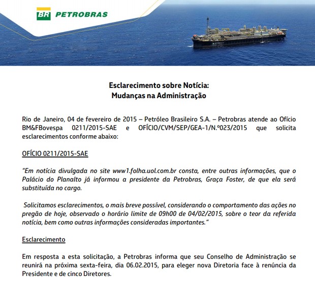 Comunicado da Petrobras anuncia saída de Graça (Foto: Reprodução)