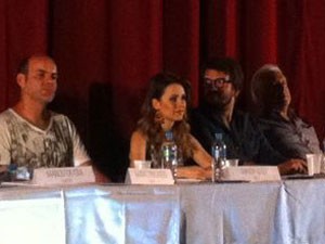 Marat Descartes, Sandy, Marco Dutra e Antonio Fagundes na coletiva 'Quando eu era vivo' (Foto: Letícia Mendes/G1)