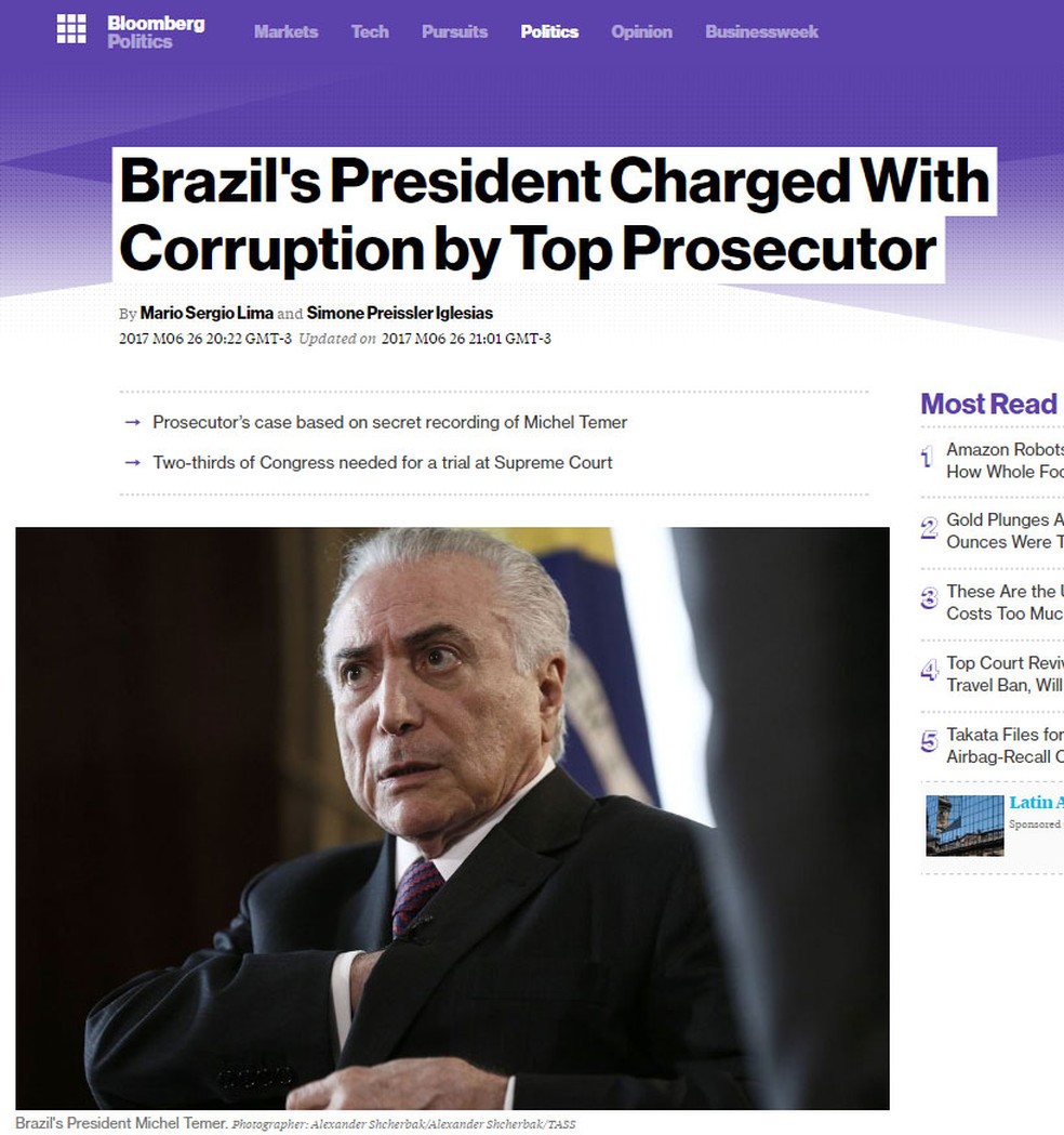 Agência Bloomberg noticia denúncia contra o presidente Michel Temer (Foto: Reprodução/ Bloomberg)