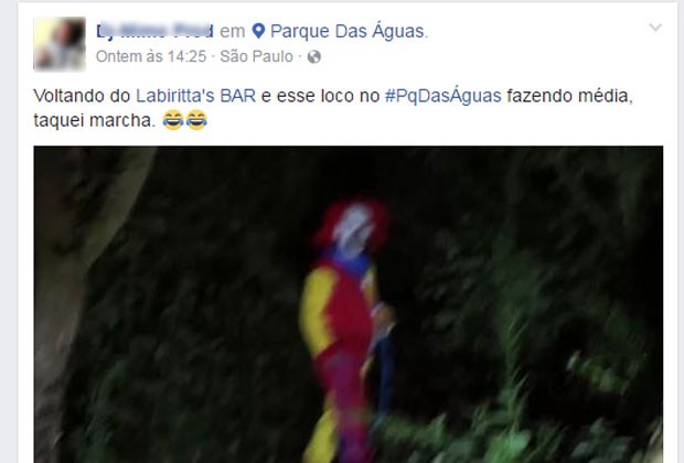 Em rede social, jovem diz ter visto palhaço no Paque das águas, na Zona Leste de São Paulo (Foto: Reprodução/Facebook)