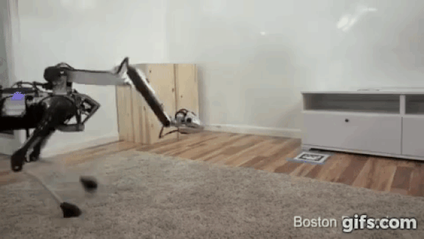 'Robô-girafa' SpotMini, da Boston Dynamics (empresa da Alphabet, dona do Google), é capaz de pegar objetos com pescoço, dançar e se abaixar enquanto anda. (Foto: Reprodução/YouTube)