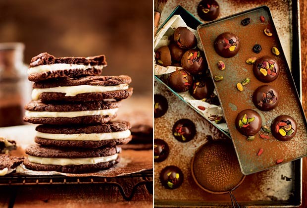 Os cookies de chococolate com cream cheese e o bombom de frutas secas do confeiteiro Lucas Corazza (Foto: Rogério Voltan)
