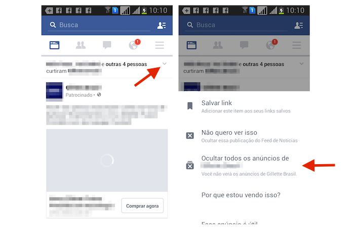Usando a opção para ocultar um anúncio no Feed de Notícias do Facebook pelo Android (Foto: Reprodução/Marvin Costa)