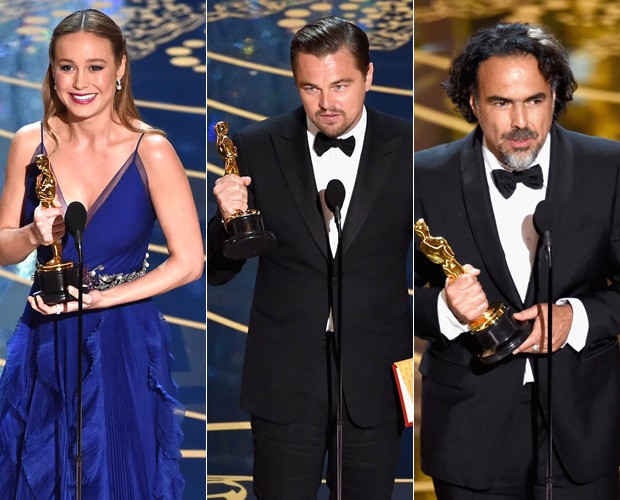 Brie Larson, Alejandro G. Iñárritu e Leonardo DiCaprio com suas estatuetas (Foto: Getty Images)
