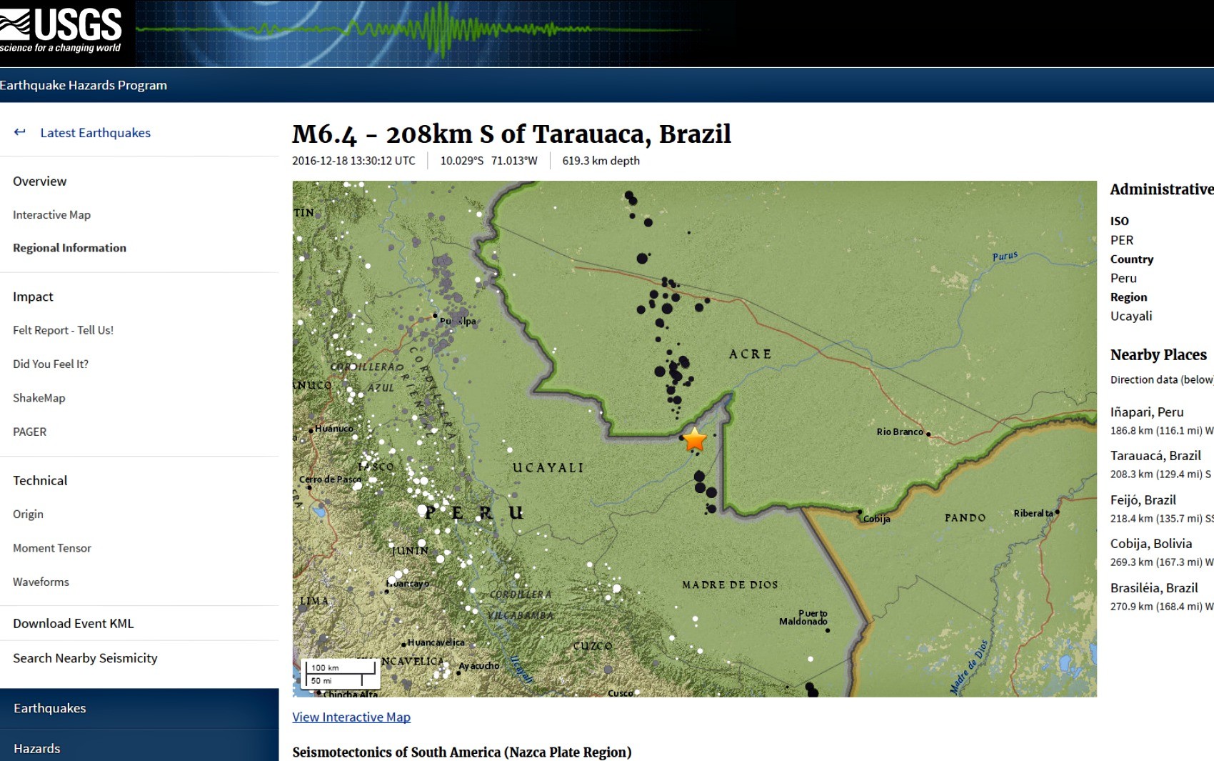Tremor de magnitude de 6,4 foi registrado próximo a Tarauacá, no AC (Foto: Reprodução/USGS)