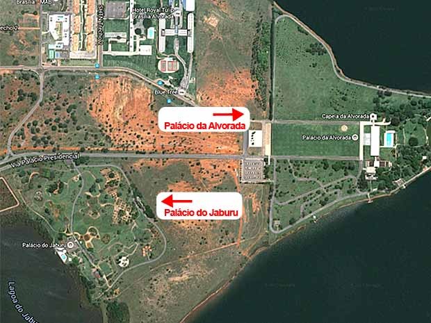 Palácios da Alvorada, residência oficial do presidente da República, e do Jaburu, do vice-presidente, em Brasília (Foto: Google Maps/Reprodução)